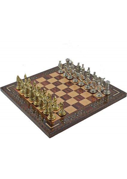 Metal Satranç Takımı Seti Orta Osmanlı Bizans Parlak ve Gül Düz Masif Satranç Tahtası