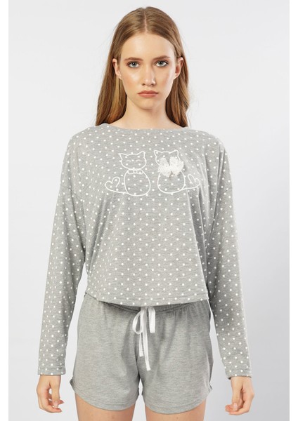 Düşük Omuzlu Uzun Kol Şortlu Pijama Takım