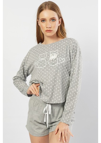 Düşük Omuzlu Uzun Kol Şortlu Pijama Takım