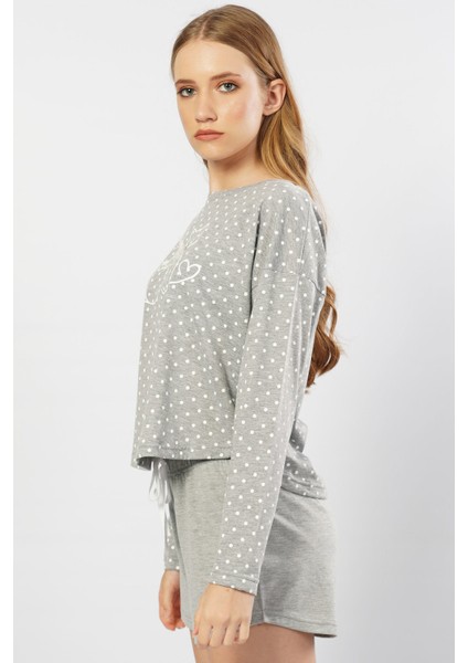 Düşük Omuzlu Uzun Kol Şortlu Pijama Takım