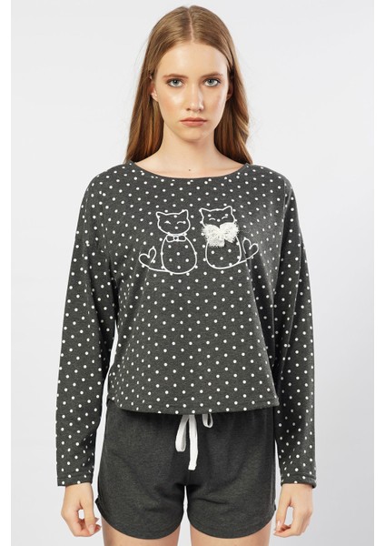 Düşük Omuzlu Uzun Kol Şortlu Pijama Takım