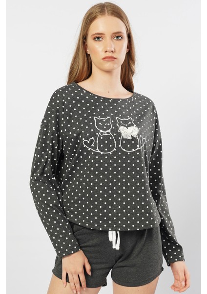 Düşük Omuzlu Uzun Kol Şortlu Pijama Takım