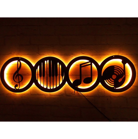 MF Tasarım Rgb Kumandalı Müzik Seti 4'lü LED Işıklı Ahşap Mdf Dekoratif Tablo 50 x 20 cm