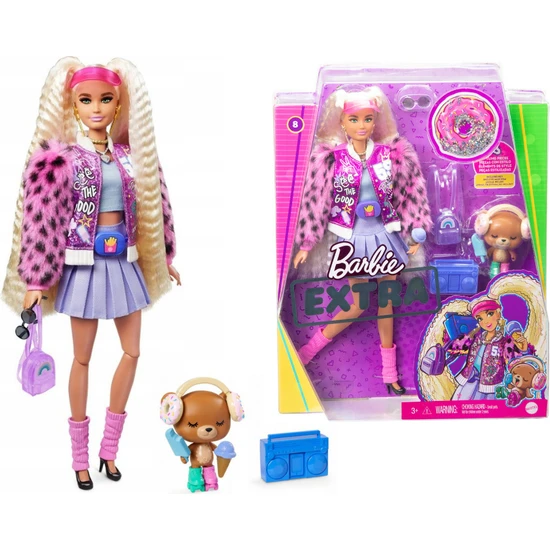 Barbie  Ekstra Bebek / Kürklü Kolları ve Evcil Hayvan Oyuncak Ayı ile Üniversite Ceketli Barbie