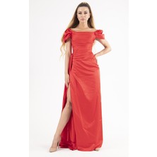 Belamore Kırmızı Drape Detaylı Saten Kumaş Abiye 9704858.08