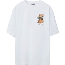 Erkek Samuray Cat Baskılı Beyaz Oversize Tshirt