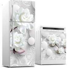 Sticker Art Buzdolabı ve Bulaşık Makinası Beyaz Eşya Sticker Kaplama 3D Beyaz Gül