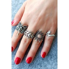 Fildişi Aksesuar Antik Gümüş Kaplama Kadın - Yaprak - Güneş - Eller Şekilli El Yapımı Ayarlanabilir Yüzük Seti