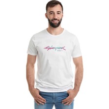 Qivi Cyberpunk Baskılı Beyaz Erkek Örme Tshirt