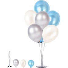 Bal10 Dünyası 7'li Balon Standı + 7 Adet 12 Inç  Metalik Balon Gümüş-Beyaz-Açık Mavi