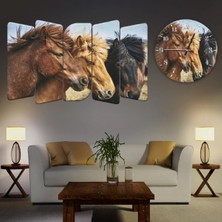 ZEVAHİR MOBİLYA DEKORASYON Zevahir 5 Parça Mdf Kahverengi Atlar Tablo ve Mdf Saat Kombin