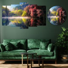 ZEVAHİR MOBİLYA DEKORASYON Zevahir 5 Parça Mdf Renkli Ağaçlar Göl Kenarı Manzara Tablo ve Mdf Saat Kombin