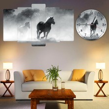 ZEVAHİR MOBİLYA DEKORASYON Zevahir 5 Parça Mdf Siyah At Tablo ve Mdf Saat Kombin