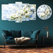 ZEVAHİR MOBİLYA DEKORASYON Zevahir 5 Parça Mdf Beyaz Çiçek Tablo ve Mdf Saat Kombin