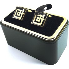 Kravatkolik Altın Renk Siyah Detaylı Kare Kol Düğmesi KD1350