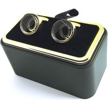 Kravatkolik Altın Renk Siyah Detaylı Yuvarlak Kol Düğmesi KD1410