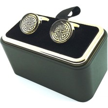 Kravatkolik Altın Renk Siyah Detay Yuvarlak Kol Düğmesi KD1567