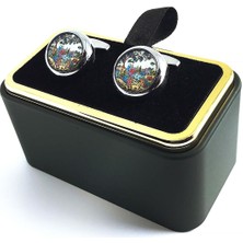 Kravatkolik Gümüş Renk Renkli Manzara Dizayn Yuvarlak Kol Düğmesi KD1330