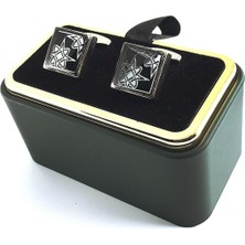 Kravatkolik Gümüş Renk Siyah Detaylı Kare Kol Düğmesi KD1380