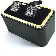 Kravatkolik Gümüş Renk Siyah Detay Kare Kol Düğmesi KD1424