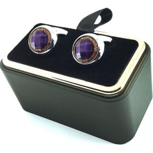 Kravatkolik Gümüş Renk Mor Taşlı Yuvarlak Kol Düğmesi KD1606