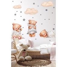 Msticker 3'lü Uyuyan Ayıcık Bulutlar ve Yıldızlar Çocuk Bebek Odası Sticker Seti