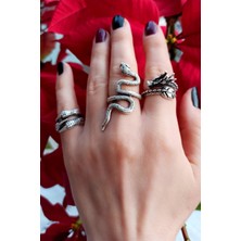 Fildişi Aksesuar Antik Gümüş Kaplama Ejderha - Pençe - Yılan Şekilli Ayarlanabilir Yüzük Seti