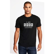 Qivi Sherlock I Am Sher Locked Baskılı Siyah Erkek Örme Tshirt