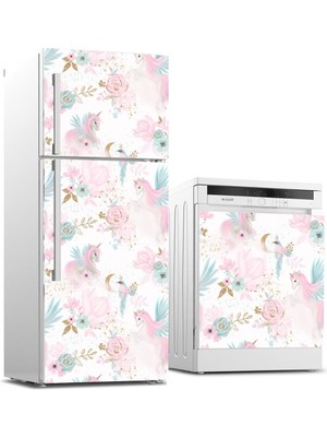 Sticker Art Buzdolabı ve Bulaşık Makinası Beyaz Eşya Sticker Kaplama Pembe At ve Kuş