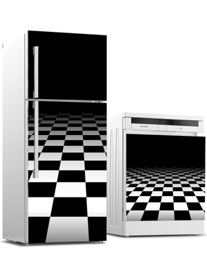 Sticker Art Buzdolabı ve Bulaşık Makinası Beyaz Eşya Sticker Kaplama Siyah Beyaz Kare