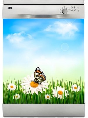 Sticker Art Bulaşık Makinesi Sticker Kaplama Beyaz Eşya Kaplama Papatyalar Kelebek