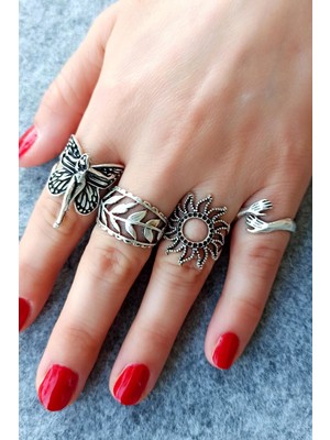 Fildişi Aksesuar Antik Gümüş Kaplama Kadın - Yaprak - Güneş - Eller Şekilli El Yapımı Ayarlanabilir Yüzük Seti