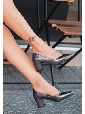 7erbilden Manina Platin Cilt Desenli Topuklu Ayakkabı