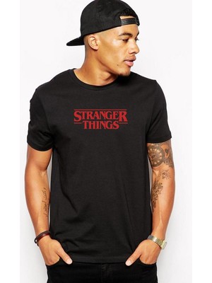 Qivi Stranger Things Logo Baskılı Siyah Erkek Örme Tshirt
