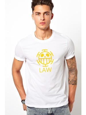 Qivi One Piece Law Logo Baskılı Beyaz Erkek Örme Tshirt