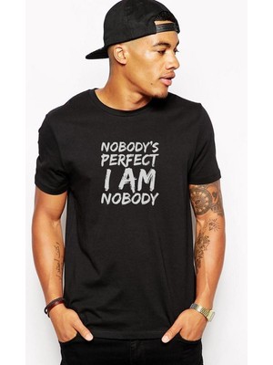 Qivi Nobodys Perfect I Am Nobody Baskılı Siyah Erkek Örme Tshirt