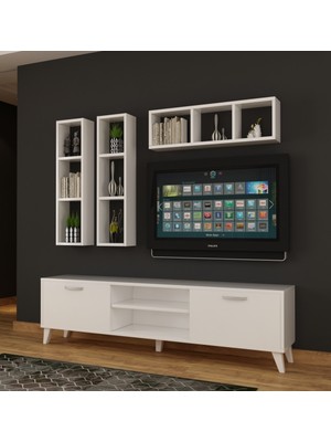 Dekormer Design Tv Ünitesi Dolaplı Beyaz 180 cm ve Kitaplık