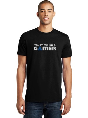 Qivi Trusm Me A'm A Gamer Siyah Baskılı Siyah Erkek Örme Tshirt