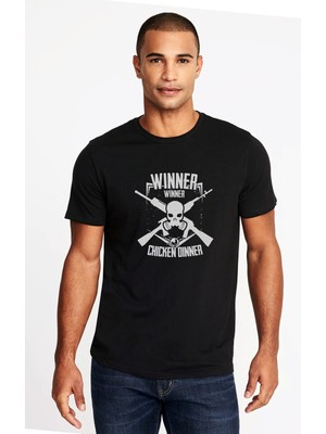 Qivi Pubg Kuru Kafa Beyaz Baskılı Siyah Erkek Örme Tshirt