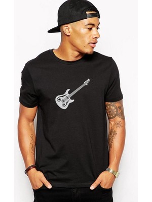 Qivi Bas Gitar Siyah ve Beyaz Elektro Gitar Baskılı Siyah Erkek Örme Tshirt