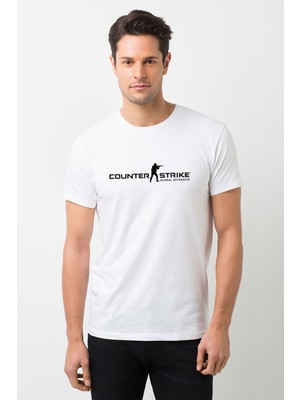 Qivi Cs Go Yazı ve Logo Baskılı Beyaz Erkek Örme Tshirt