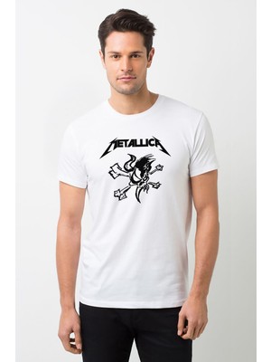 Qivi Metallica Skull Baskılı Beyaz Erkek Örme Tshirt