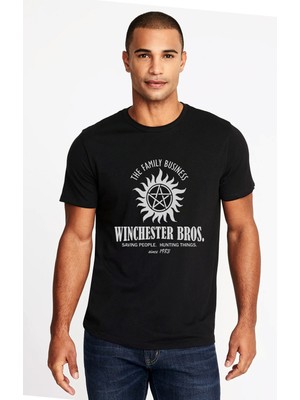 Qivi Supernatural Winchester Bros Baskılı Siyah Erkek Örme Tshirt