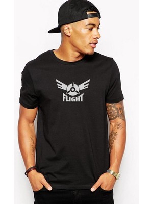 Qivi Flight Logo Air Flight Logo Baskılı Siyah Erkek Örme Tshirt