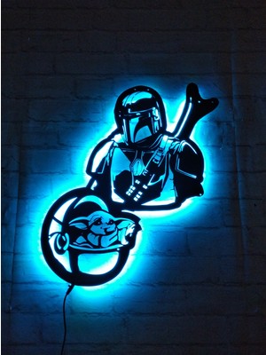 MF Tasarım Rgb Kumandalı Starwars Mandalorian Yoda  LED Işıklı Ahşap Mdf Dekoratif Tablo 50 x 40