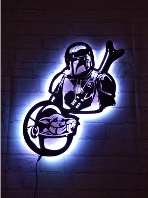 MF Tasarım Rgb Kumandalı Starwars Mandalorian Yoda LED Işıklı Ahşap Mdf Dekoratif Tablo 50 x 40