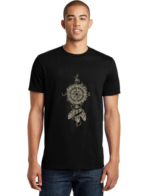 Qivi Dreamcatcher Pusula Baskılı Siyah Erkek Örme Tişört