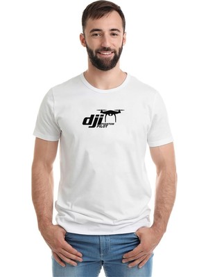 Qivi Dji Phantom Pilot Drone Vinyl Decal Baskılı Beyaz Erkek Örme Tişört
