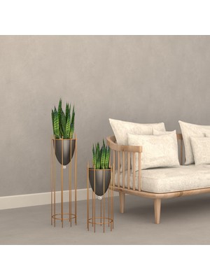 Tasarım Evi Dekoratif Altın Renkli 2'li Büyük Ayaklı Vazo, Çiçeklik, Saksılık