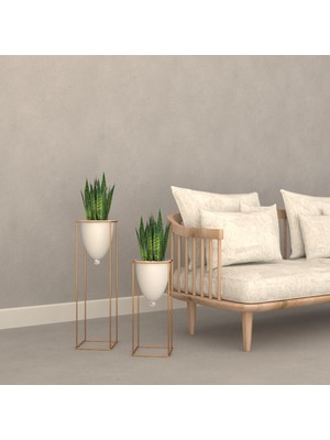 Tasarım Evi Dekoratif Altın Renkli 2'li Büyük Ayaklı Vazo, Çiçeklik, Saksılık